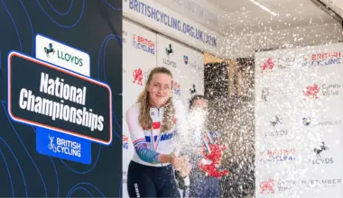 Cyclist spraying champagne on podium with Lloyds National Championships signage and British Cycling branding visible behind her