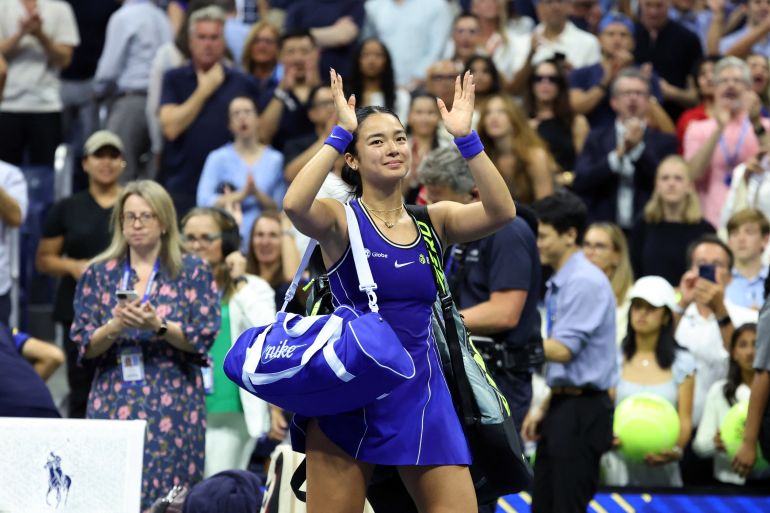 Philippines' Alexandra Eala waves to the crowd after loosing to USA's Iva Jovic during their women's singles third round tennis match on day seven of the US Open tennis tournament at the USTA Billie Jean King National Tennis Center in New York City on September 5, 2026. (Photo by Leonardo MUNOZ / AFP)