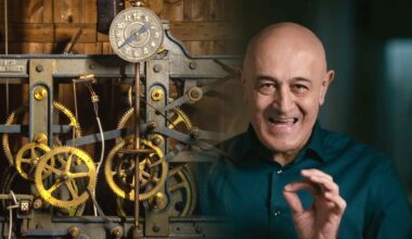 Physicist Jim Al-Khalili is the author of "On Time: The Physics That Makes the Universe Tick." (Credits: Clockwork photo adapted from Dietmar Rabich / Wikimedia Commons / Dülmen, Heilig-Kreuz-Kirche, Uhrwerk -- 2019 -- 3054. Al-Khalili image: Princeton University Press. Created under CC BY-SA 4.0 license)