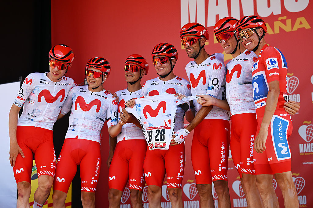 GRANADA, SPAIN - SEPTEMBER 13: A general view of Enric Mas of Spain - Red Leader Jersey, Jorge Arcas of Spain, Orluis Aular of Venezuela, Carlos Canal of Spain, Pablo Castrillo of Spain, Raul Garcia Pierna of Spain, Ivan Romeo of Spain and Movistar Team prior to the La Vuelta - 81st Tour of Spain 2026, Stage 21 a 112km stage from Granada to Granada / #UCIWT / on September 13, 2026 in Granada, Spain. (Photo by Tim de Waele/Getty Images)