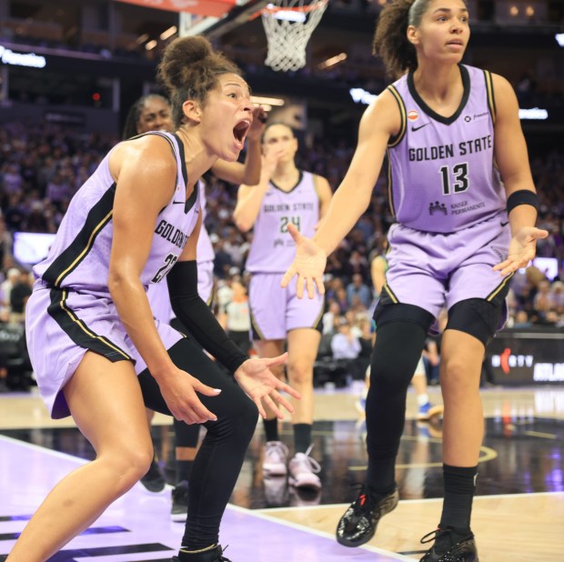 Golden State Valkyries' Veronica Burton (22) and her teammates react after a referee ruled a foul against her in the fourth quarter of a WNBA game against the Minnesota Lynx at Chase Center in San Francisco, Calif., on Wednesday, Aug. 19, 2026. (Ray Chavez/Bay Area News Group)