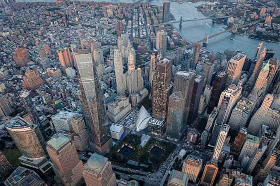 An aerial view shows the twin memorial waterfall pools that sit in the footprints of the former North and South Towers at the 9/11 Memorial and Museum in Manhattan. (Stefan Jeremiah / The Associated Press files)