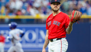 Boston Red Sox starting pitcher Tanner Houck looks on after giving up a two-run home run to Chicago Cubs designated hitter Alex Bregman during the first inning of a baseball game Sunday, Sept. 27, 2026, in St. Petersburg, Fla. (Chris Urso/AP)