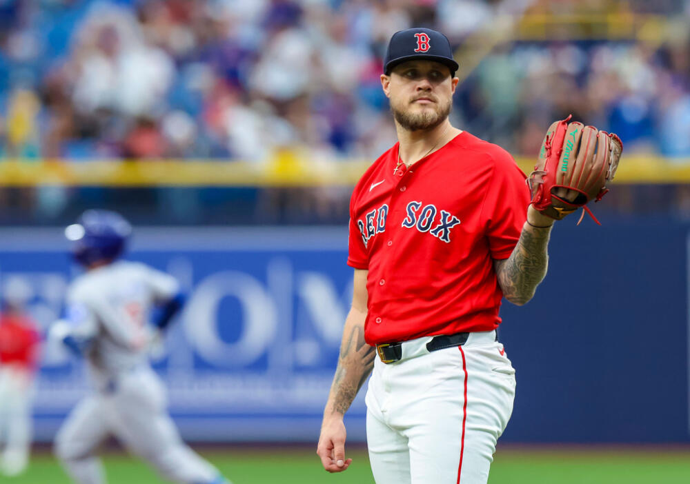 Boston Red Sox starting pitcher Tanner Houck looks on after giving up a two-run home run to Chicago Cubs designated hitter Alex Bregman during the first inning of a baseball game Sunday, Sept. 27, 2026, in St. Petersburg, Fla. (Chris Urso/AP)