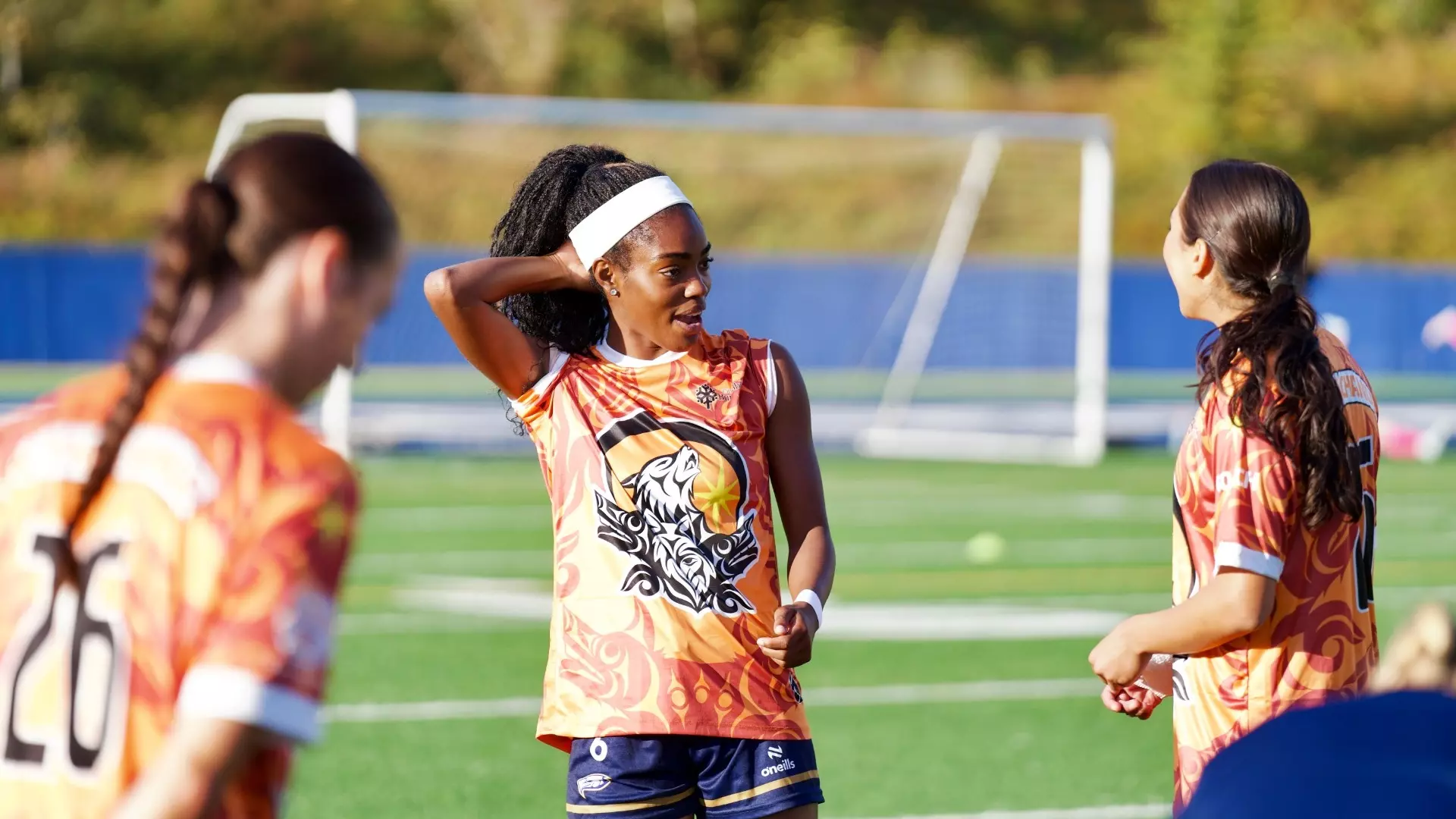 UBC's Taiya Dennehy warms up wearing a specialized jersey for The National Day of Truth and Reconciliation before a game against the TWU Spartans on Sept. 26, 2026