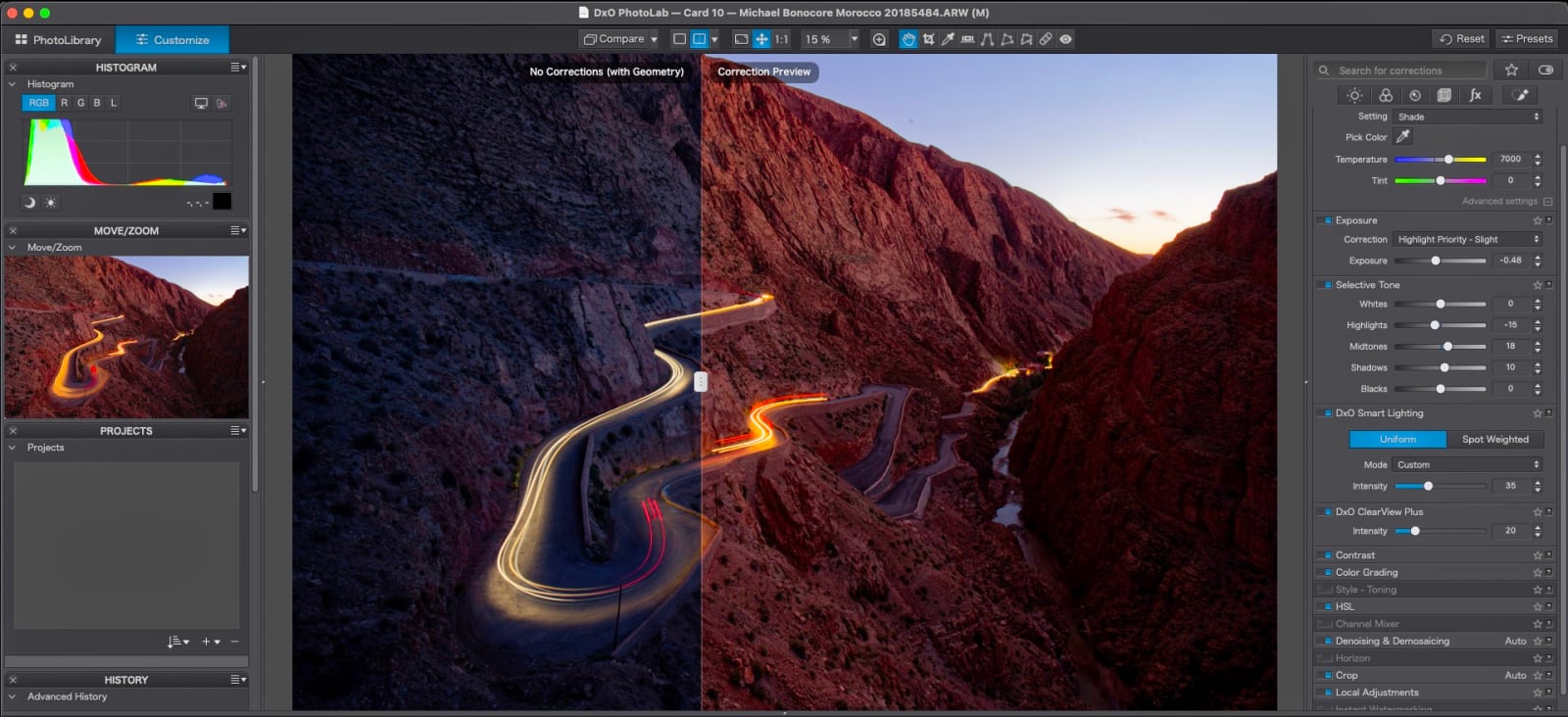 A split-screen view in DxO PhotoLab software shows a comparison of a winding mountain road at dusk, with the left side uncorrected and the right side showing color and exposure adjustments.