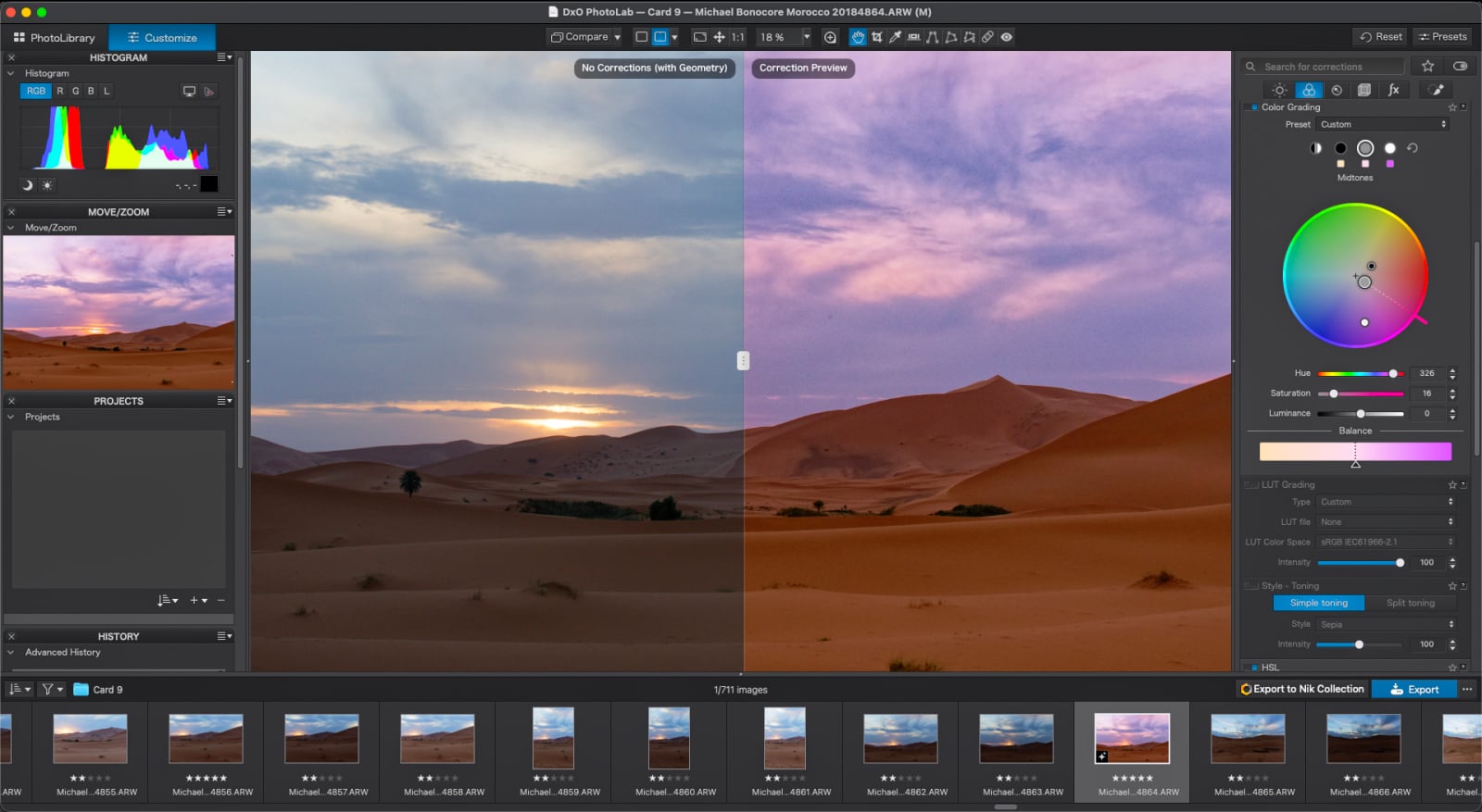A split-screen view in DxO PhotoLab software shows a desert landscape at sunset, with the left side unedited and the right side featuring a purple-toned color grade.