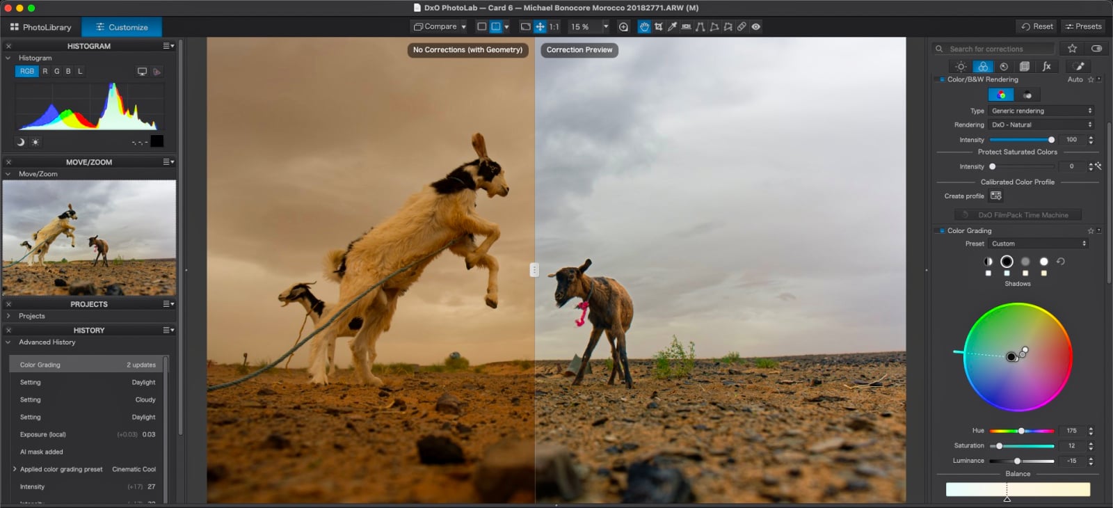 A split-screen view in DxO PhotoLab software shows a raw, warm-toned image of jumping goats on the left and a corrected, cooler-toned version on the right.