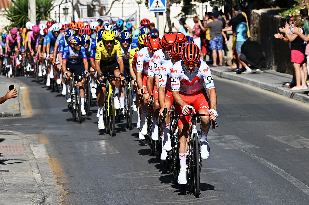 GRANADA, SPAIN - SEPTEMBER 13: Carlos Canal of Spain and Movistar Team leads the peloton during the La Vuelta - 81st Tour of Spain 2026, Stage 21 a 112km stage from Granada to Granada / #UCIWT / on September 13, 2026 in Granada, Spain. (Photo by Tim de Waele/Getty Images)