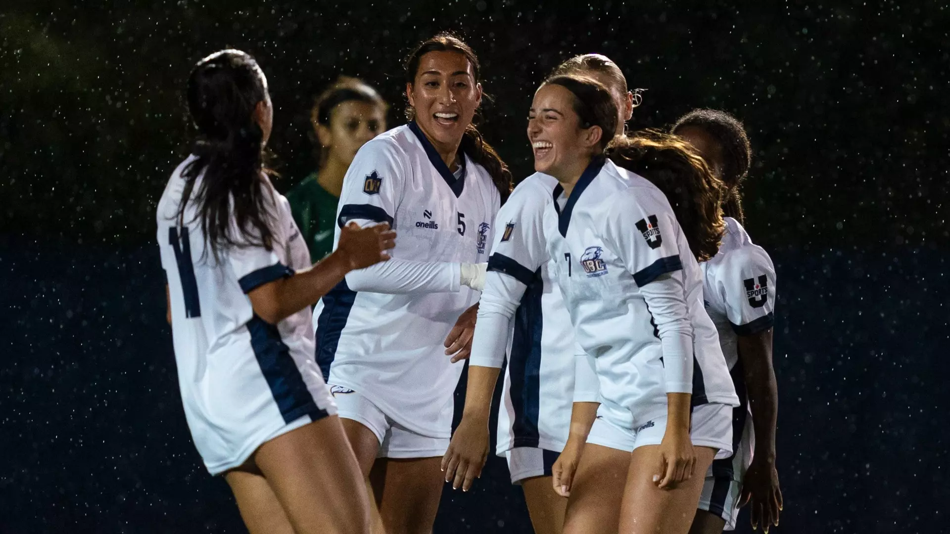 UBC's Ella Santarsieri celebrates her goal with teammates in a game against the UFV Cascades on Sept. 25, 2026