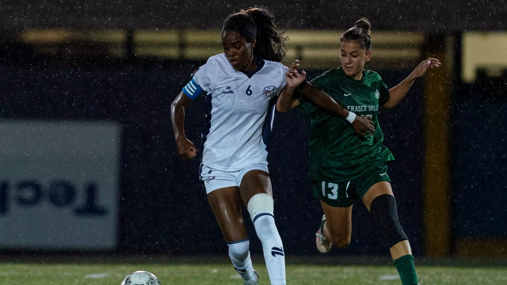 UBC's Taiya Dennehy battles a for possession with a defender closing in during a game against the UFV Cascades on Sept. 25, 2026