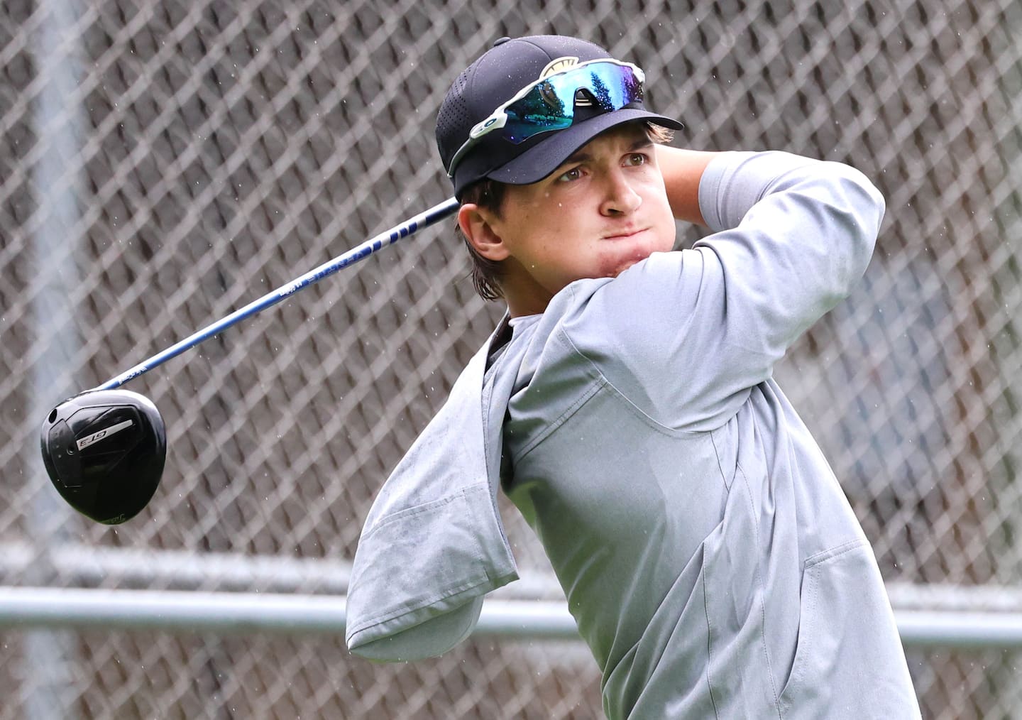 Sycamore’s Andrew Swedberg tees off Tuesday, Sept. 22, 2026, during the Interstate 8 boys golf championship at Sycamore Golf Club.