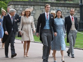 (L-R) Michael and Carole Middleton, James Matthews, Pippa Middleton and James Middleton arrive ahead of the wedding of Lady Gabriella Windsor and Thomas Kingston at St George's Chapel on May 18, 2019 in Windsor, England.