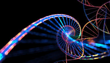 Computer generated image evoking the double helix of DNA, composed of bright colored features on a black background.