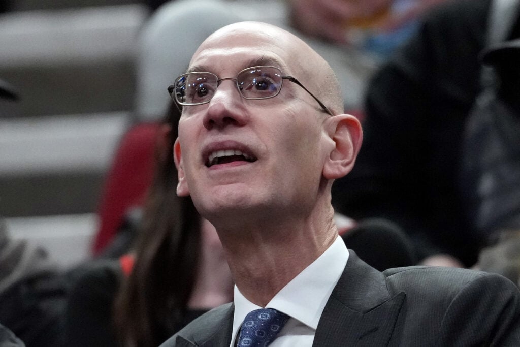 Adam Silver, commissioner of the National Basketball Association, watches the game during the second half between the Portland Trail Blazers and the Utah Jazz at Moda Center.