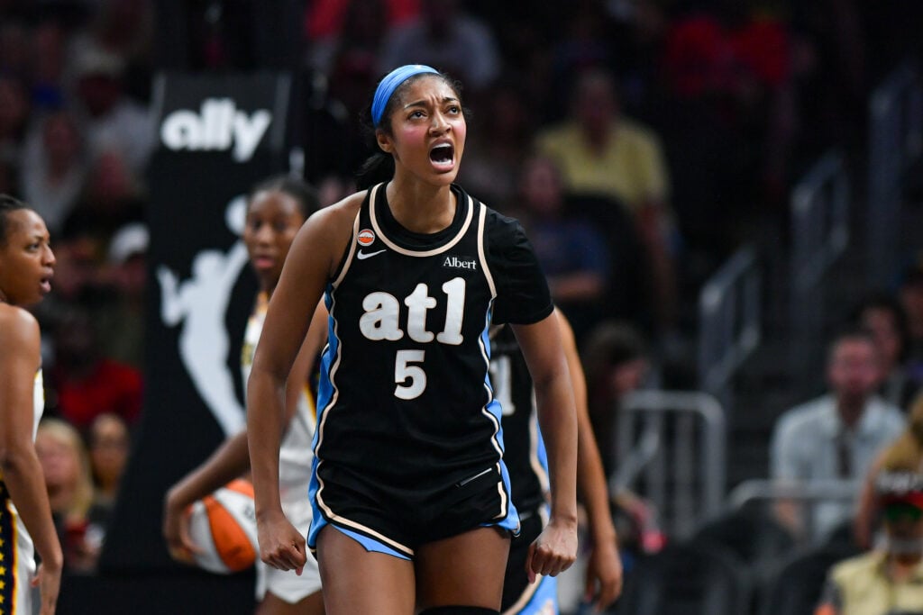 Angel Reese #5 of Atlanta reacts during the WNBA game between the Indiana Fever and the Atlanta Dream on August 16th, 2026 at State Farm Arena in Atlanta, GA.