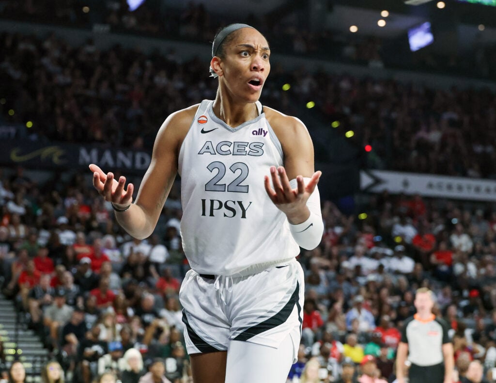 A'ja Wilson #22 of the Las Vegas Aces reacts after being called for a foul against the Minnesota Lynx in the third quarter of their game at Michelob ULTRA Arena