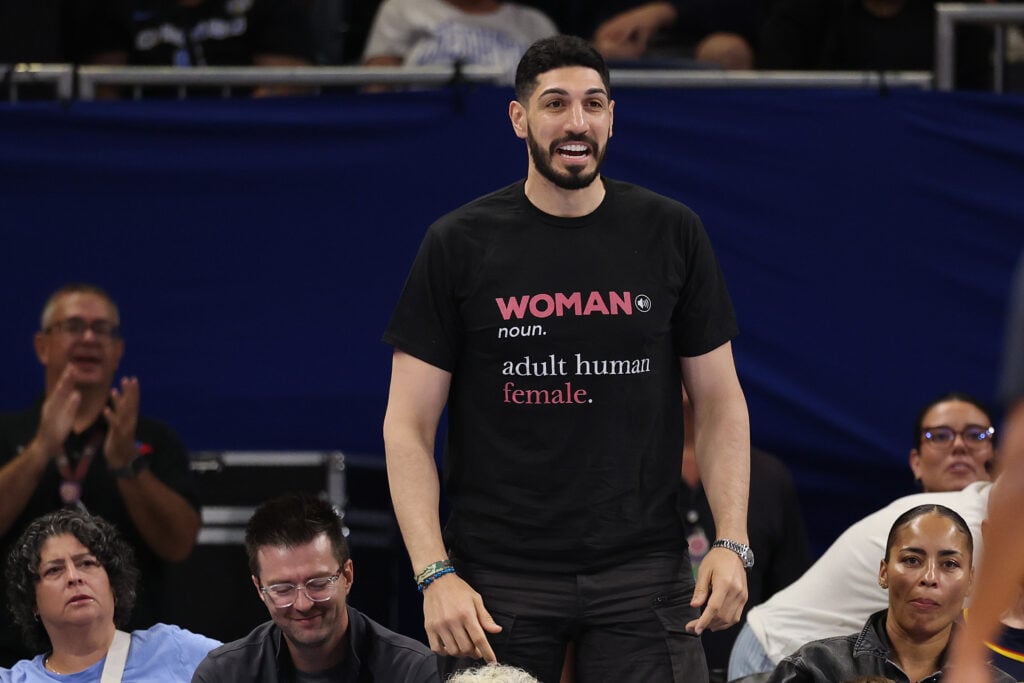 Former basketball player Enes Kanter Freedom looks on during the second half between the Chicago Sky and the Indiana Fever at Wintrust Arena