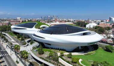 A general view shows the exterior of the Lucas Museum of Narrative Art on August 30, 2026 in Los Angeles, California.