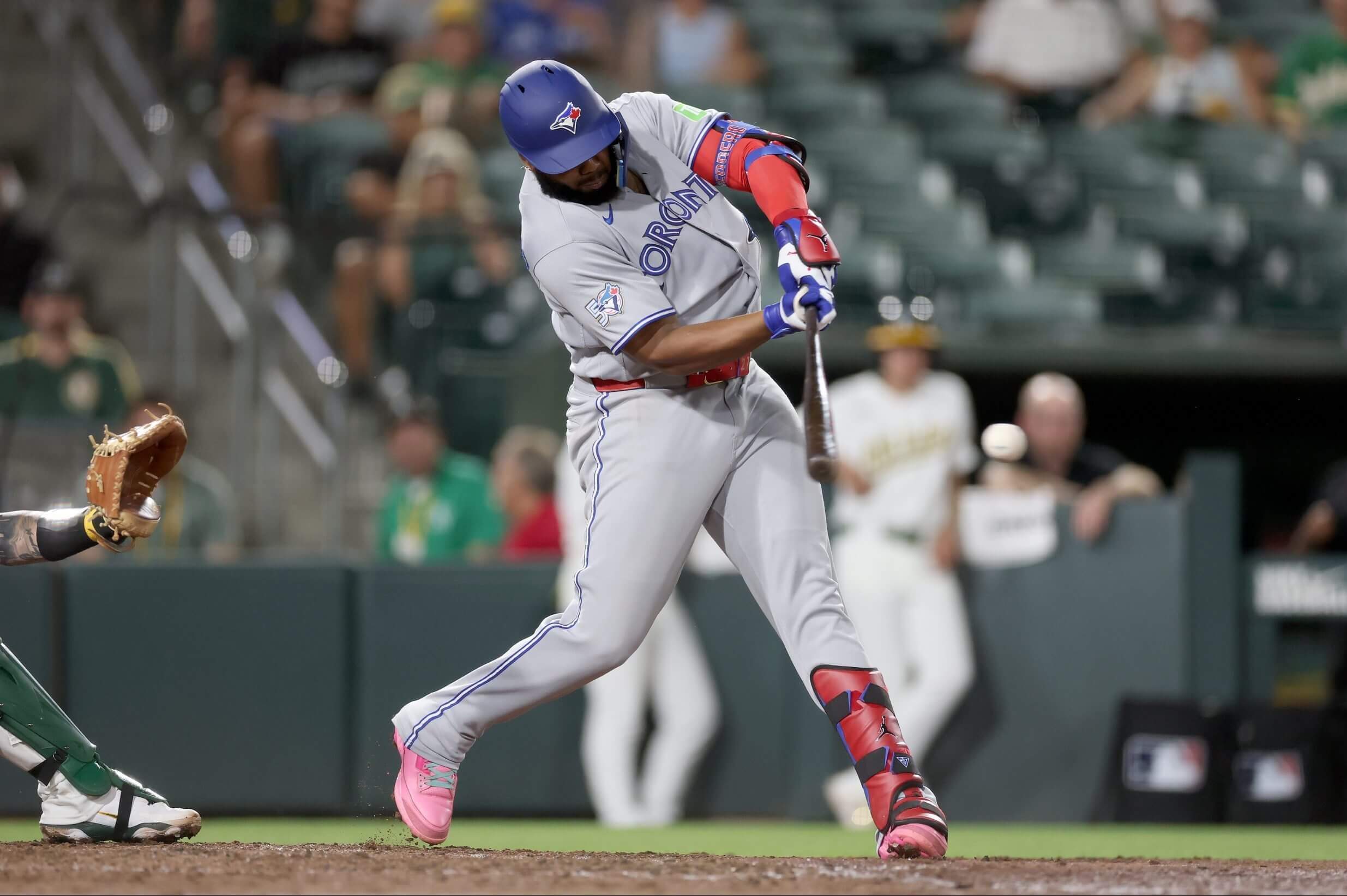 Toronto's Vladimir Guerrero Jr. gets a hit in a game against the Athletics.