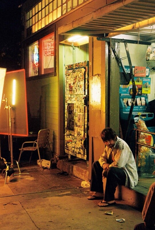 A man with a beard sits on the concrete step of a storefront at night, next to a sticker-covered vending machine and a lit studio light.