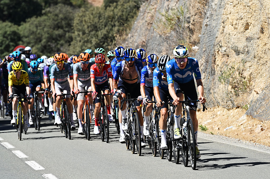 ESTEPONA​, SPAIN - SEPTEMBER 11: Ivan Romeo of Spain and Movistar Team leads the peloton during the La Vuelta - 81st Tour of Spain 2026, Stage 19 a 210.8km stage from Velez-Malaga to Penas Blancas. Estepona 1274m / #UCIWT / on September 11, 2026 in Estepona, Spain. (Photo by Tim de Waele/Getty Images)