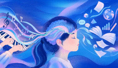 Illustrations of a girl with musical notes and paper and pencils and notebooks.