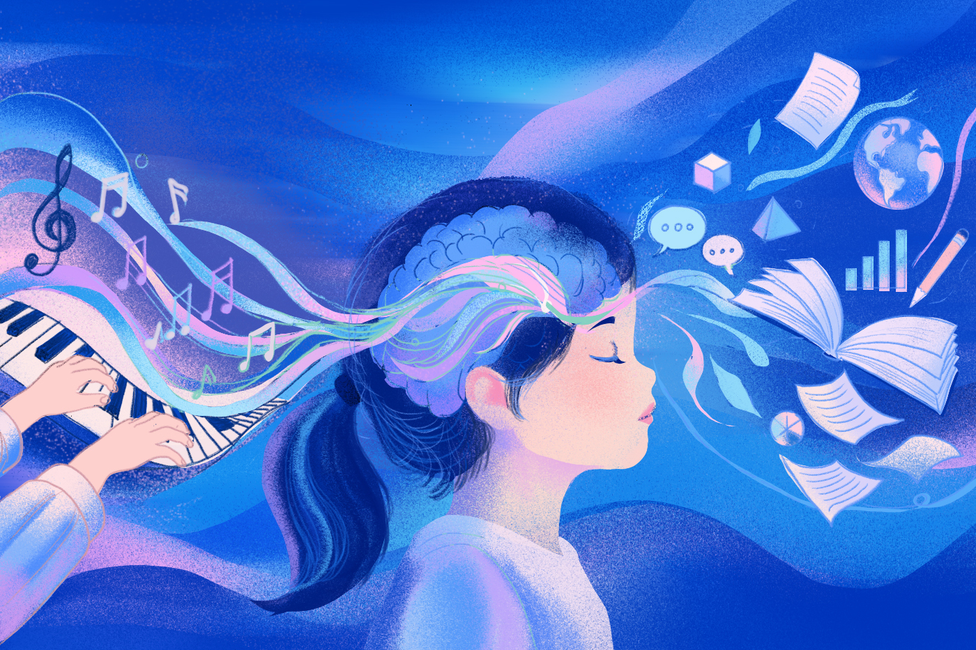 Illustrations of a girl with musical notes and paper and pencils and notebooks.