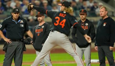 Baltimore Oroles' Shane Baz exits after being hit in arm by line drive vs. New York Mets