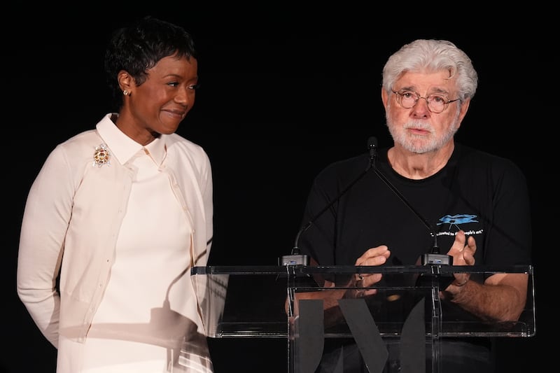 Mellody Hobson, left, and George Lucas, co-founders of the Lucas Museum of Narrative Art, appear during a press preview for the museum in Los Angeles on Sept. 2, 2026. (Chris Pizzello / AP Photo)