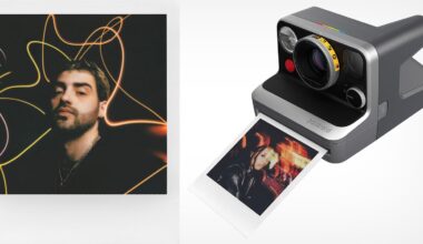 A square portrait of a man with light trails on the left, and a Polaroid camera ejecting a blurry photo on the right.