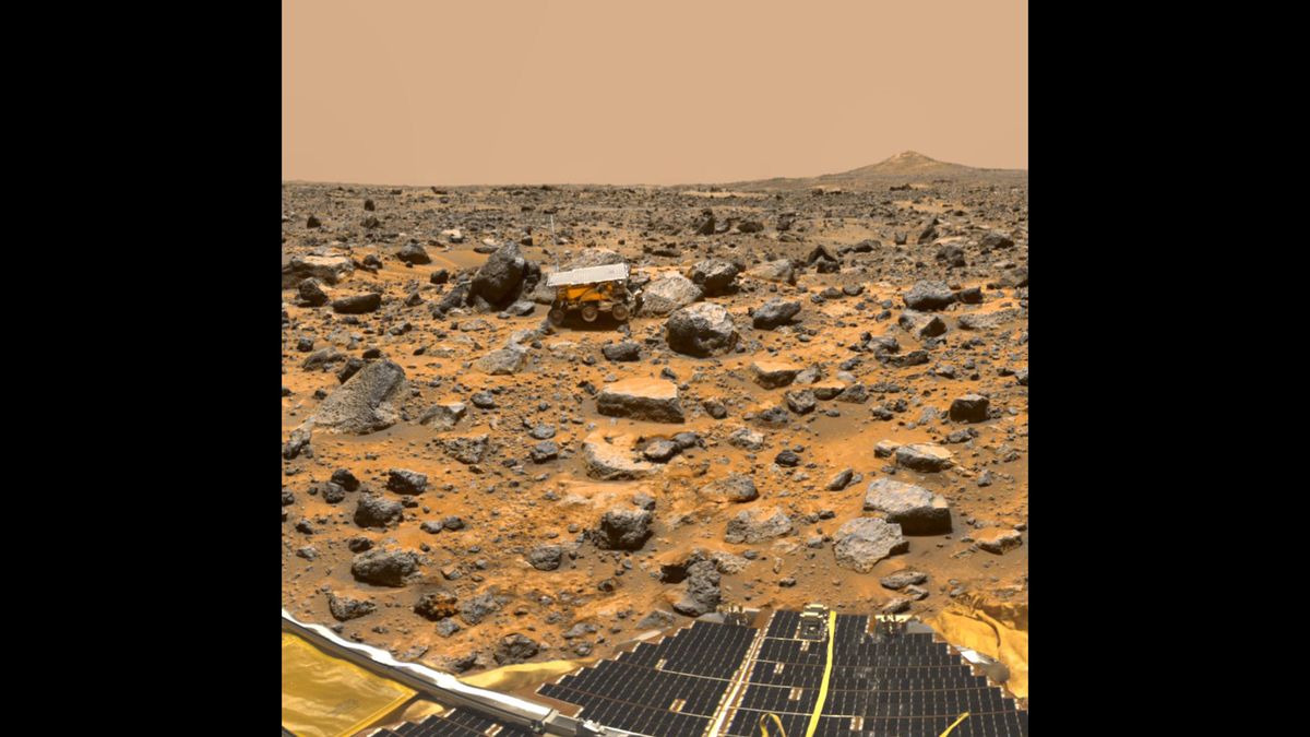 NASA's Mars Pathfinder lander and the Sojourner rover on the surface of Mars.