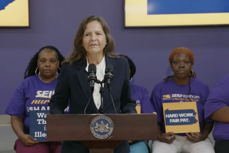 Nancy Walker, secretary of Pennsylvania's Department of Labor and Industry, is shown in this screenshot of a livestreamed news conference about a new state initiative to combat wage theft in the home healthcare industry.