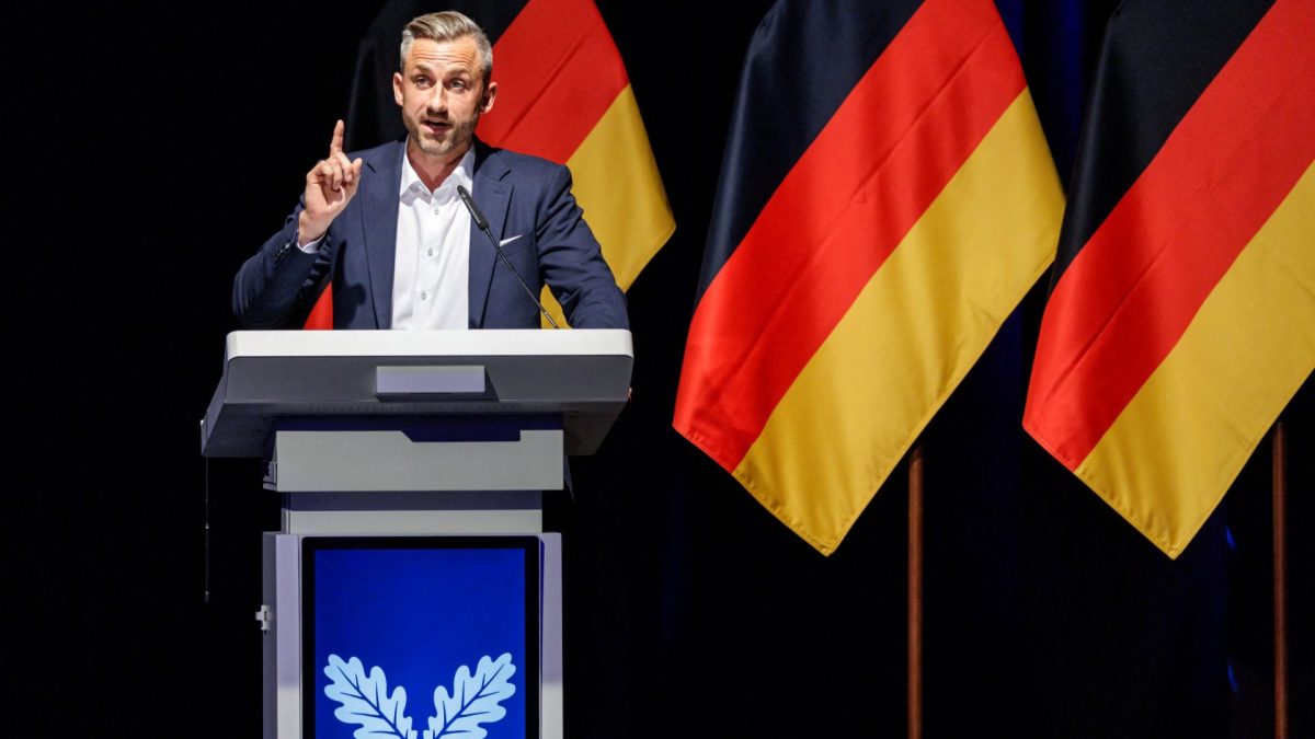 Ulrich Siegmund, far-right Alternative for Germany (AfD)'s main candidate in the Saxony-Anhalt state election, speaks to delegates during the federal congress of Generation Germany, the youth organization of the far-right Alternative for Germany (AfD) party, in Magdeburg, eastern Germany, on August 29, 2026. (Photo by Jens SCHL??TER / AFP via Getty Images)