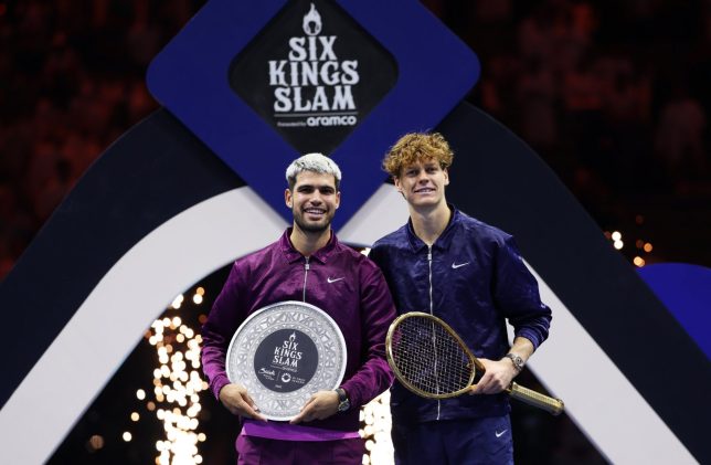 RIYADH, SAUDI ARABIA - OCTOBER 18: Jannik Sinner of Italy and Carlos Alcaraz of Spain pose for a photo after the Men's Single's Final on day three of the Six Kings Slam 2025 at ANB Arena on October 18, 2025 in Riyadh, Saudi Arabia. (Photo by Clive Brunskill/Getty Images)