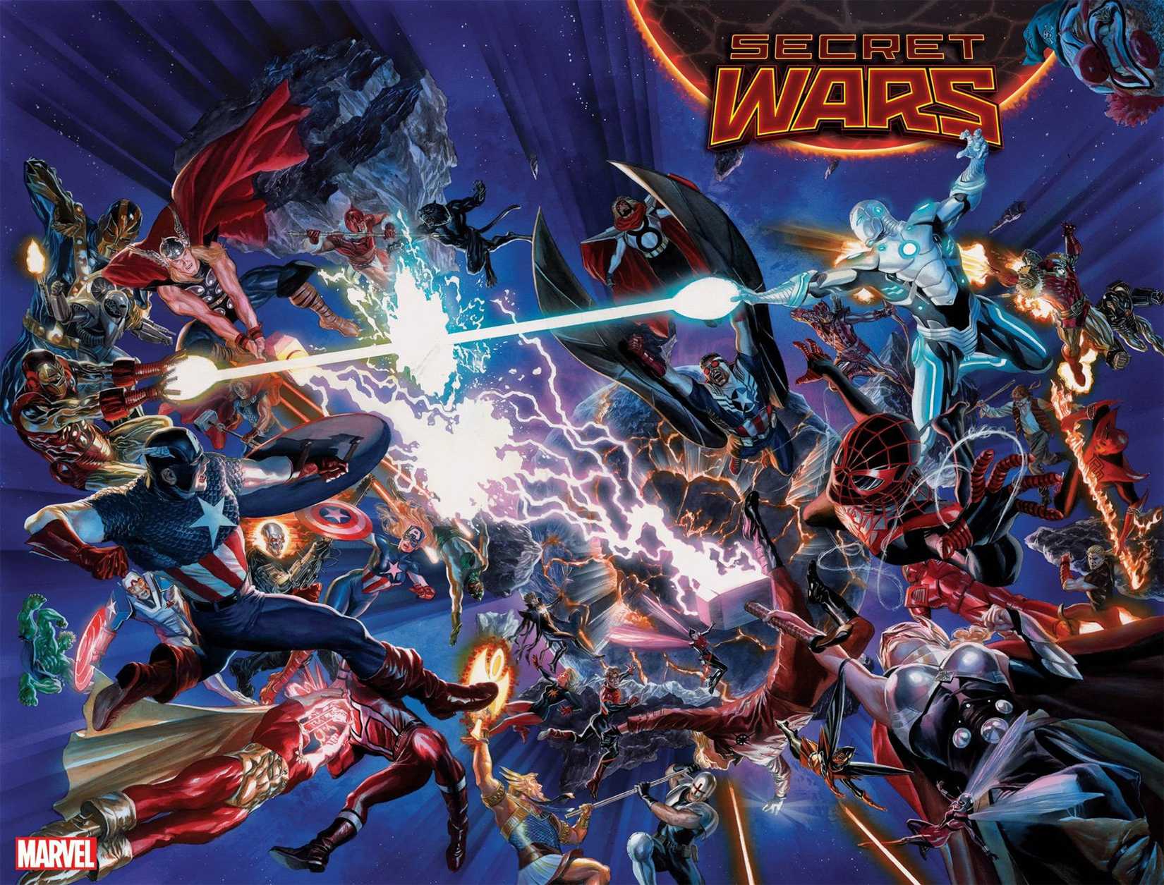 A massive montage of every Marvel Comics hero circa 2015 duking it out in a promo illustration for the Secret Wars comic.