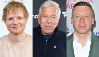 From left: Ed Sheeran, Robert Kraft and Macklemore
