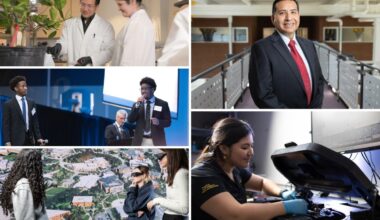 Collage showing UCF researchers and students working in laboratories, presenting research, using immersive technology and operating specialized research equipment, alongside a portrait of a UCF faculty member.