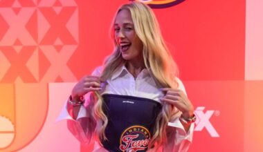 Indiana Fever guard Sophie Cunningham (8) arrives Tuesday, Aug. 26, 2025, before a game between the Indiana Fever and the