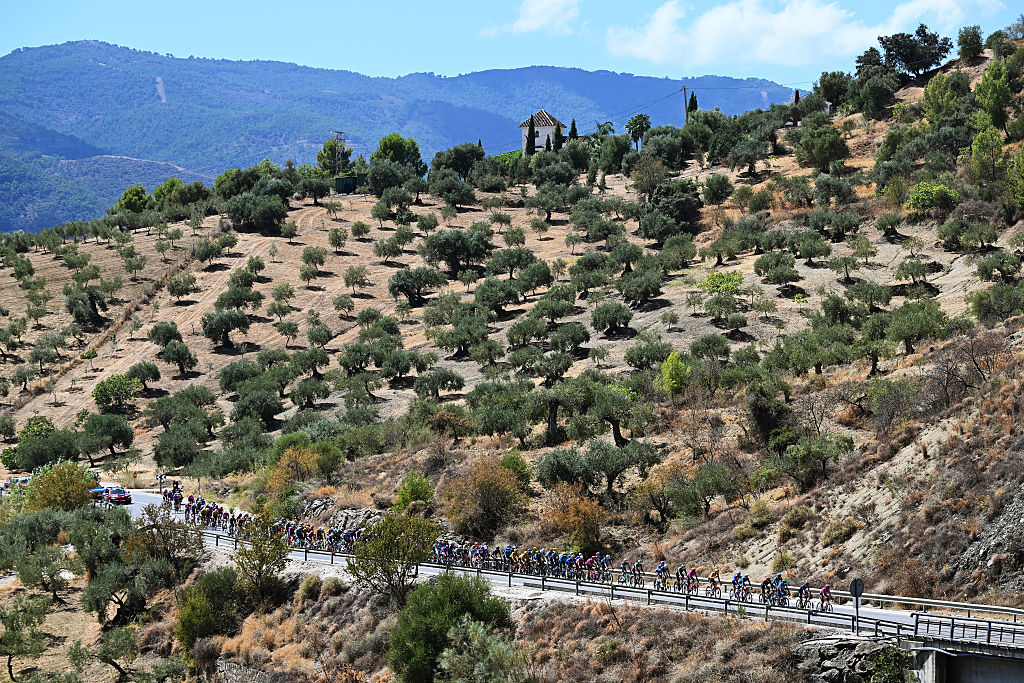 ESTEPONA​, SPAIN - SEPTEMBER 11: A general view of the peloton passing through a landscape during the La Vuelta - 81st Tour of Spain 2026, Stage 19 a 210.8km stage from Velez-Malaga to Penas Blancas. Estepona 1274m / #UCIWT / on September 11, 2026 in Estepona, Spain. (Photo by Tim de Waele/Getty Images)