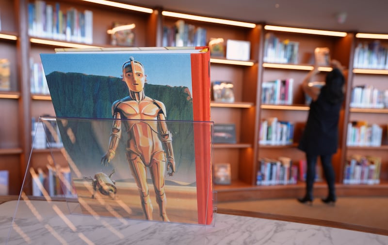 A Lucas Museum of Narrative Art volume is displayed inside the Lucas Museum Library during a preview of the museum in Los Angeles on Aug. 31, 2026. (Chris Pizzello / AP Photo)