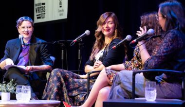 Four speakers sit onstage at the 2025 Vancouver Writers Fest.