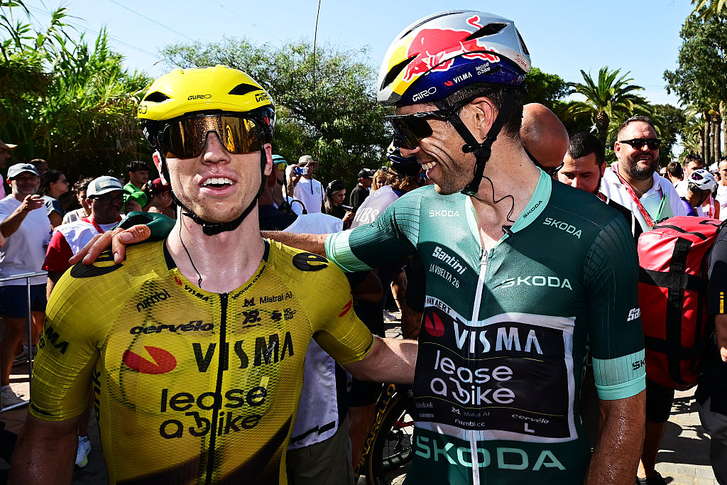 Matthew Brennan and Wout Van Aert (Visma-Lease a Bike) after stage 16 of the 2026 Vuelta a Espa&ntilde;a in Palos de la Frontera, Spain. (Photo by Tim de Waele/Getty Images)