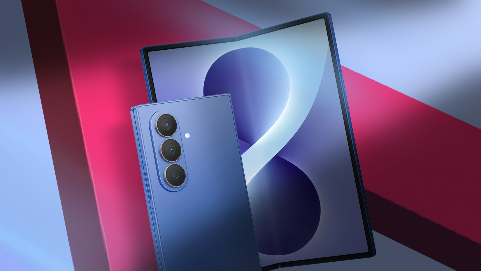 A blue Samsung Galaxy Z Fold8 shown open and closed against a geometric background.