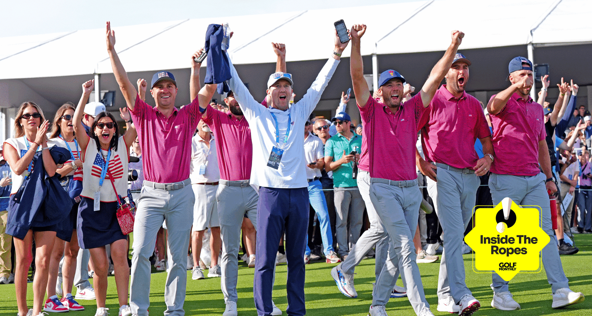 Team USA celebrate at the 2026 Presidents Cup with an Inside The Ropes sticker in the bottom right