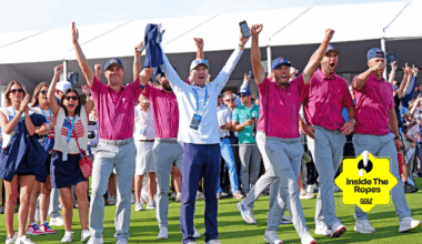 Team USA celebrate at the 2026 Presidents Cup with an Inside The Ropes sticker in the bottom right