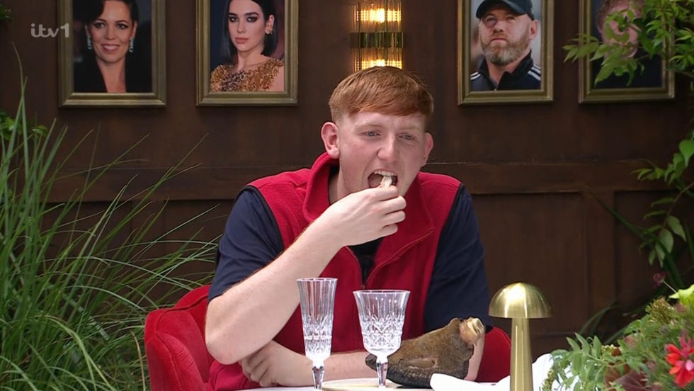 Angryginge eats a camel toe on I'm A Celebrity individual seated at a table with drinks and decorative elements