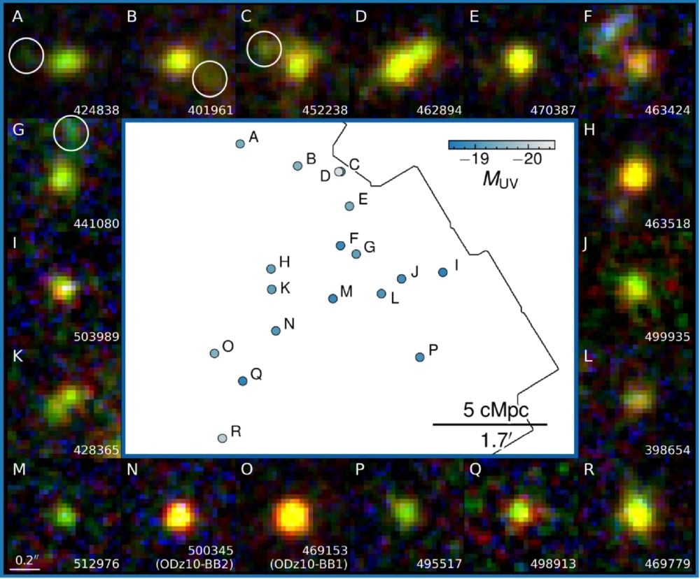 Researches working with JWST data have found an overdensity of galaxies in the early Universe. They're close together and interacting, and they may be carving out a bubble of ionized hydrogen. Is the space telescope seeing the first signs of cosmic reionization? Image Credit: Wu et al. 2026. ApJ