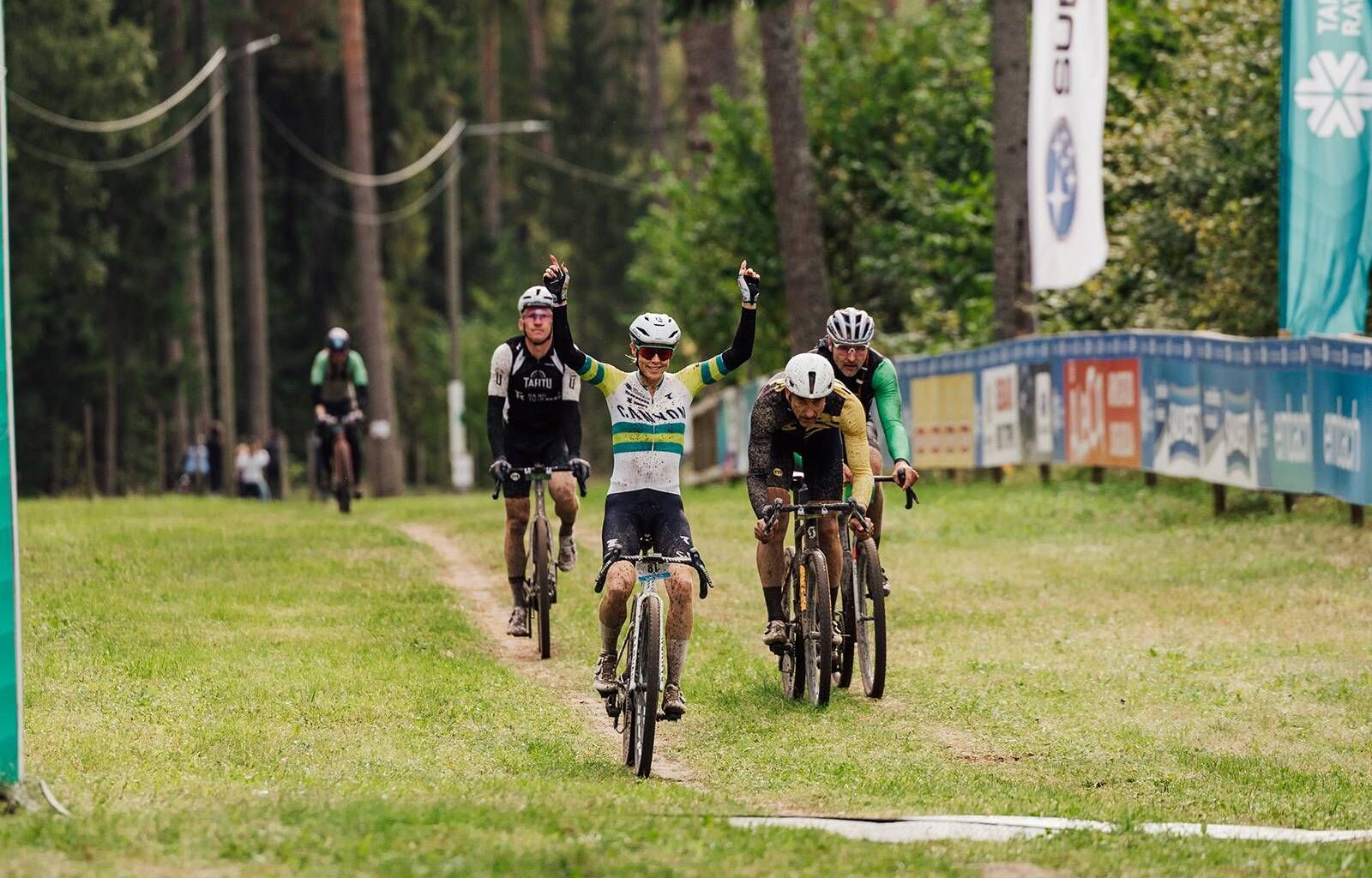 Tiffany Cromwell celebrates as she crosses the line to win the Tartu Bike Marathon