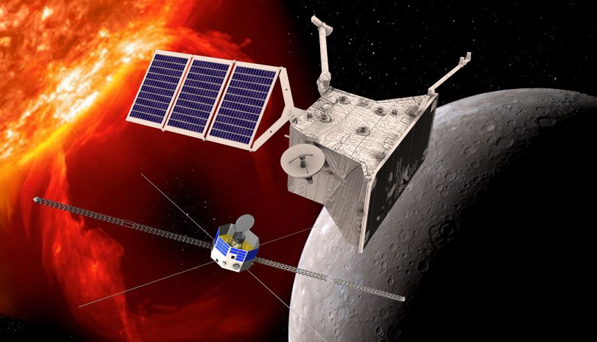 An artist's impression depicts the two orbiters that BepiColombo will release near Mercury later this year.